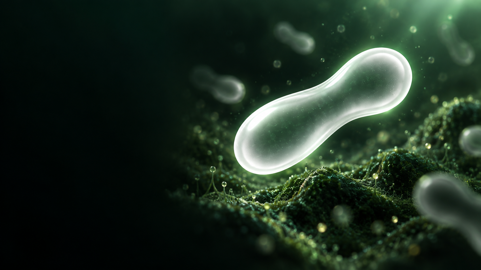 发光的半透明微生物漂浮在深绿色微观世界中